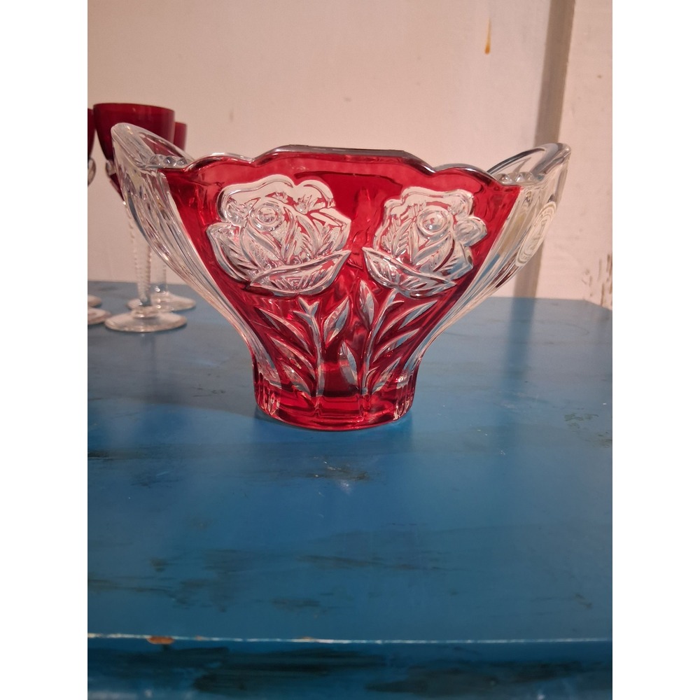 Crystal Clear Ruby Red Flash Rose Frosted Lead Crystal Bowl Made in Germany